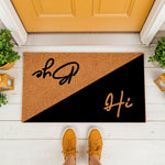 Hi Bye doormat featuring a split diagonal design in natural coir and black, this funny front porch welcome mat is a stylish housewarming decor piece for your entryway, perfect for guests arriving and leaving your home with a