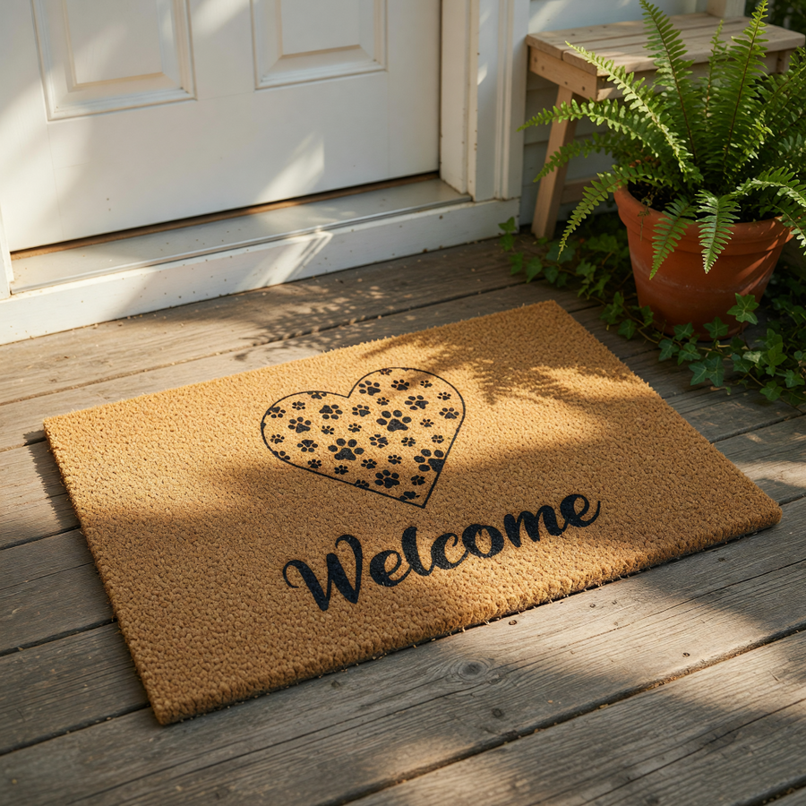 Paw print heart welcome doormat made of natural coir fiber, featuring a black heart design filled with animal paw prints and the word Welcome in script, perfect for a pet lover front porch entry rug or outdoor home decor.
