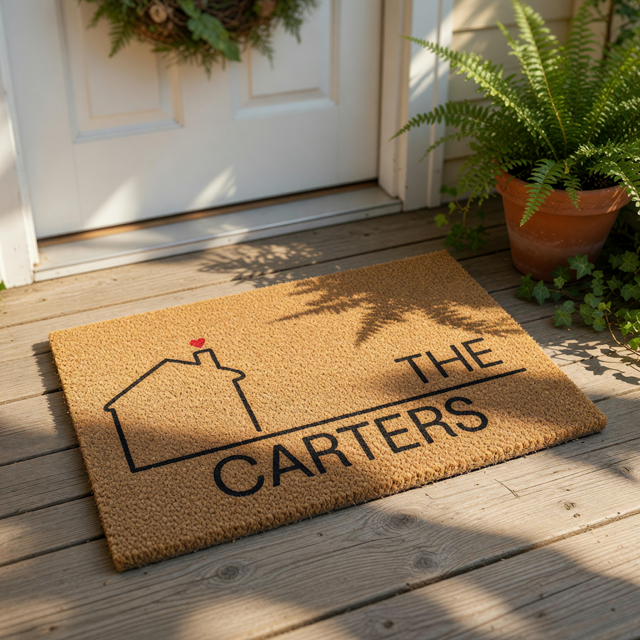 Personalized family name coir doormat featuring a minimalist house outline with a small red heart on the chimney, perfect as a custom welcome mat for a new home, housewarming gift, or front porch decor for any family residence.
