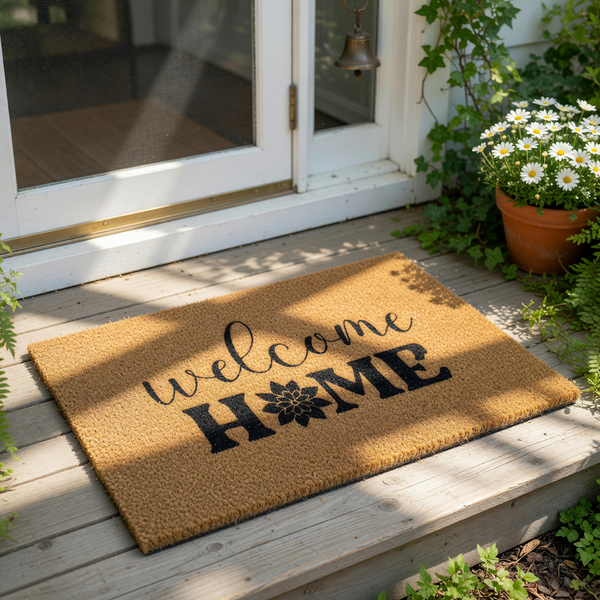 Welcome Home coir doormat with a floral accent in the lettering, featuring a natural fiber outdoor welcome mat design that is perfect for a front porch entrance, housewarming decor, or a stylish entryway floor rug for your home.