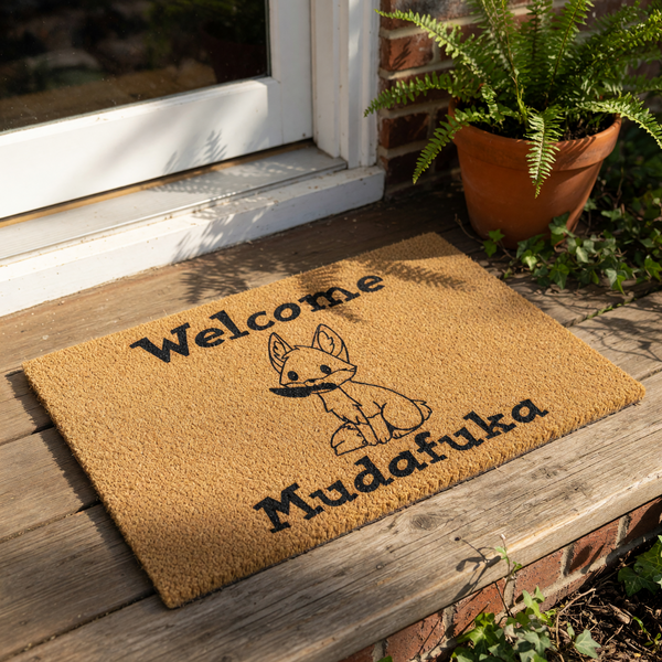 Funny fox welcome doormat featuring a cute cartoon fox holding a knife in its mouth, printed on a natural coir fiber welcome mat with bold text that reads Welcome Mudafuka for a humorous and edgy front porch decor entryway