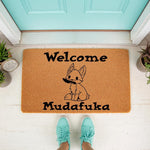 Funny fox welcome doormat with a cute cartoon fox holding a knife, featuring bold text on a natural coir fiber mat for your front porch entry, making a humorous housewarming gift for anyone who loves edgy home decor and entryway