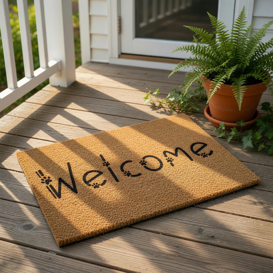 Dog paw print welcome doormat made of natural coir fiber, featuring a playful design with black animal footprints forming the letters of the word welcome on a durable outdoor entry rug for pet lovers and home decor enthusiasts.