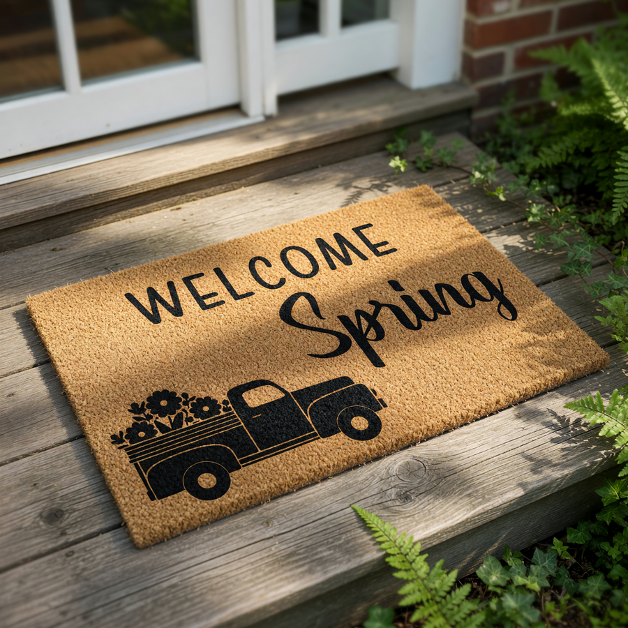 Spring welcome doormat featuring a black vintage truck carrying flowers on a natural coir fiber mat, this seasonal outdoor welcome mat is a stylish front porch decor piece for your home entry and spring season housewarming needs.