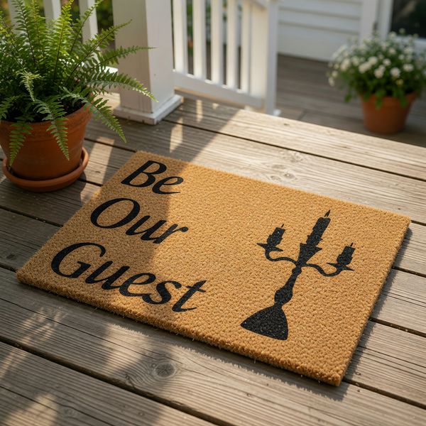 Be Our Guest coir doormat featuring a black candelabra design on a natural fiber welcome mat, perfect for a front porch entry, housewarming decor, or a stylish home entrance that greets visitors with a classic candle holder