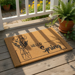 Hello Spring floral doormat featuring a black line art mason jar with flowers on a natural coir fiber welcome mat, perfect for seasonal front porch decor and outdoor entryway floor mats to greet guests with a fresh spring design.