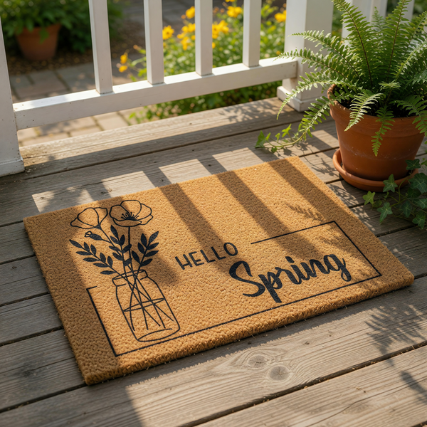 Hello Spring floral doormat featuring a black line art mason jar with flowers on a natural coir fiber welcome mat, perfect for seasonal front porch decor and outdoor entryway floor mats to greet guests with a fresh spring design.