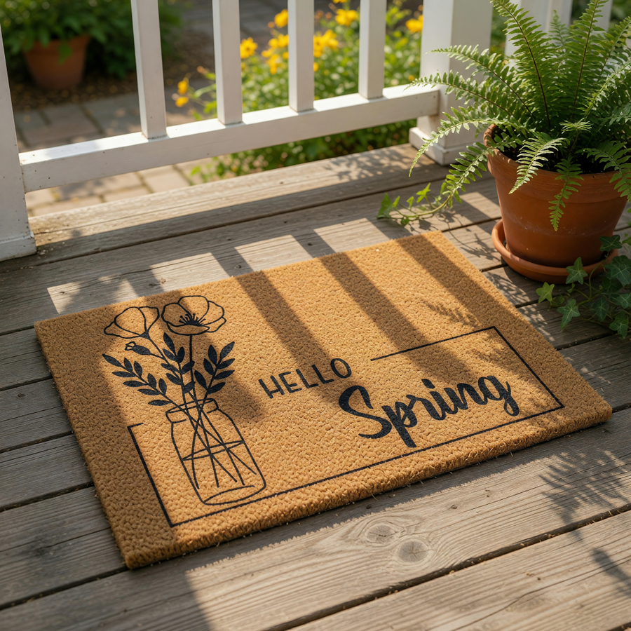 Hello Spring floral doormat featuring a black line art mason jar with flowers on a natural coir fiber welcome mat, perfect for seasonal front porch decor and outdoor entryway floor mats to greet guests with a fresh spring design.