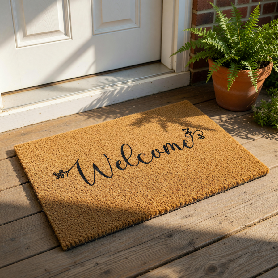 Welcome coir doormat with black script lettering and floral accents, this natural fiber outdoor welcome mat is a durable front porch rug that adds a stylish touch to your home entryway decor for guests and visitors to enjoy.