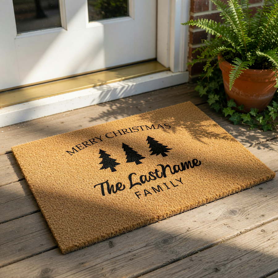 Personalized Merry Christmas doormat with three black pine trees and custom family name text, featuring a natural coir fiber welcome mat design for holiday home decor, front porch entry, and festive winter housewarming entryway