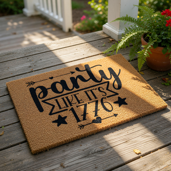 Patriotic party like it is 1776 coir doormat with black text and stars, featuring a natural fiber welcome mat design for Fourth of July home decor, front porch entry rug, and summer holiday housewarming gift for patriotic