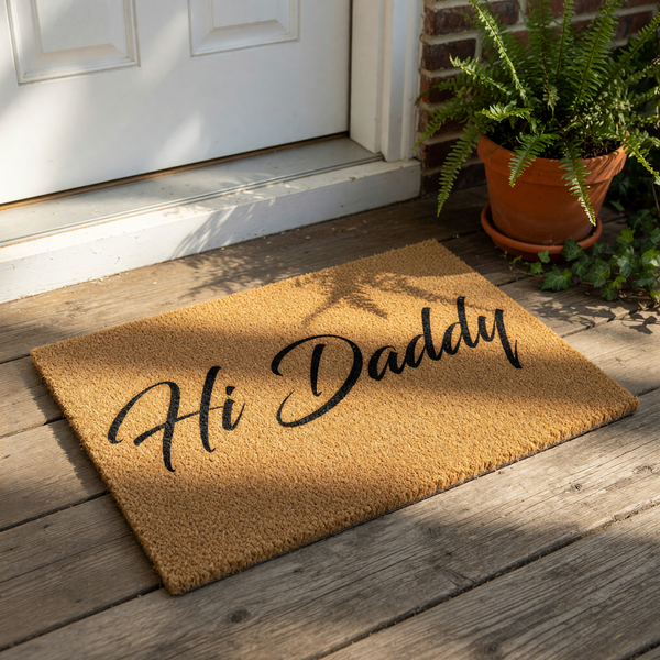 Hi Daddy coir doormat for front porch entry, featuring a natural fiber welcome mat with black script text, a durable outdoor floor rug, and a funny housewarming entrance decor piece for a father or new dad home entryway.