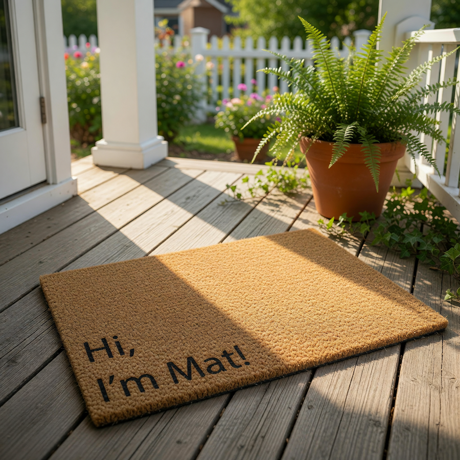 Funny coir doormat with the text Hi I am Mat printed in black, featuring a natural fiber texture for a front porch welcome mat or entryway rug that adds a humorous touch to your home decor and housewarming entry floor covering.