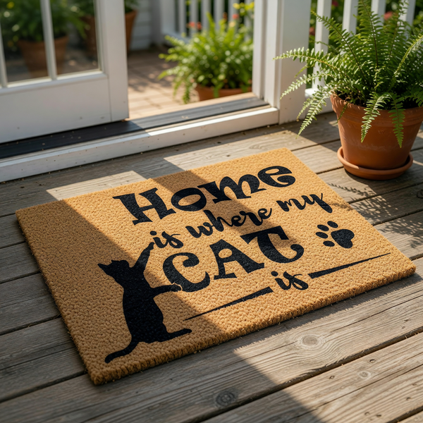 Cat lover welcome doormat featuring a black silhouette of a cat and the text Home is where my cat is, this durable coir fiber entry mat is a funny pet themed floor rug for front porch decor and a cute housewarming gift for cat