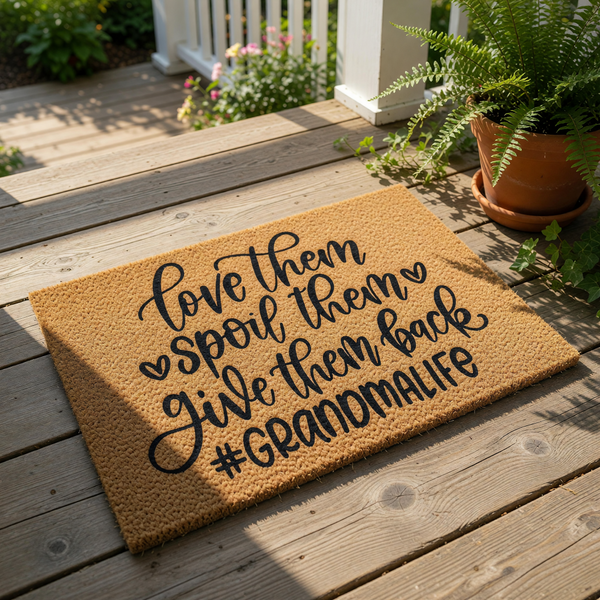Grandma doormat with funny quote about spoiling grandkids, featuring natural coir fiber material and black script text that reads love them spoil them give them back, a humorous welcome mat for a front porch or entryway decor.