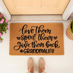 Grandma doormat with funny quote love them spoil them give them back, a natural coir fiber welcome mat for front porch decor that makes a humorous housewarming present for any grandmother or nana who loves her grandkids and