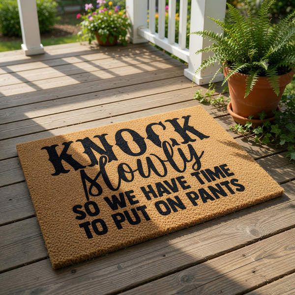 Funny Knock Slowly So We Have Time To Put On Pants doormat, a natural coir fiber welcome mat with bold black typography, perfect for a humorous front porch entry, housewarming decor, or a funny apartment door rug for your home
