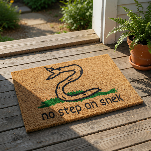 Funny snake doormat featuring a hand-drawn cartoon snake on green grass with the text no step on snek, this natural coir fiber welcome mat is a humorous front porch decor piece for reptile lovers and those seeking unique home