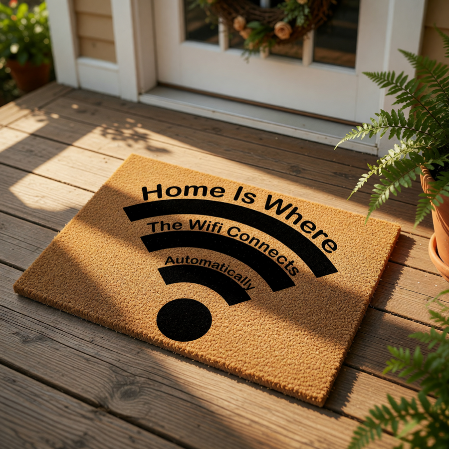 Funny wifi doormat with a natural coir texture and black printed text that reads Home Is Where The Wifi Connects Automatically, making this a clever housewarming gift or tech-themed front porch decor for any modern home entrance.