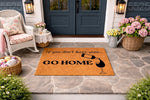 Funny wine lover doormat featuring a bottle pouring into a glass with the text If you don't have wine go home, displayed on a stone porch as a decorative outdoor welcome mat for a home entrance or front door decor for wine