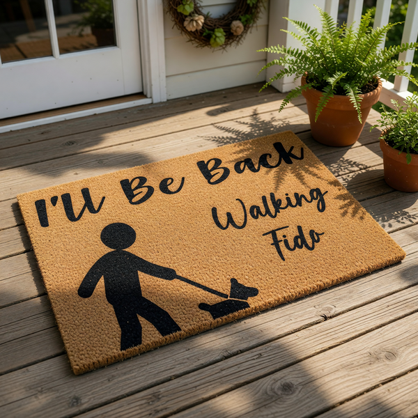 Dog walking doormat with a funny I'll Be Back message and a silhouette of a person walking a dog on a natural coir fiber welcome mat, perfect for pet lovers and front porch decor for dog owners who enjoy humorous home entrance