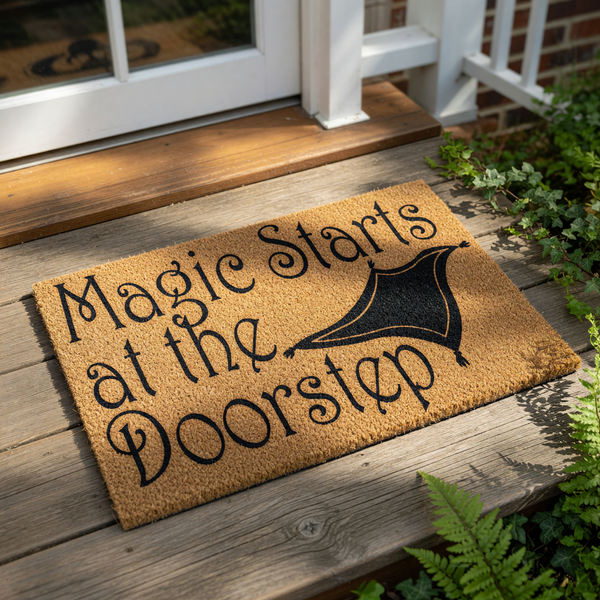 Magic Starts at the Doorstep coir doormat with a flying carpet illustration, this natural fiber welcome mat features whimsical black text and a rug graphic for a fun entryway decor piece that greets guests at your front door.