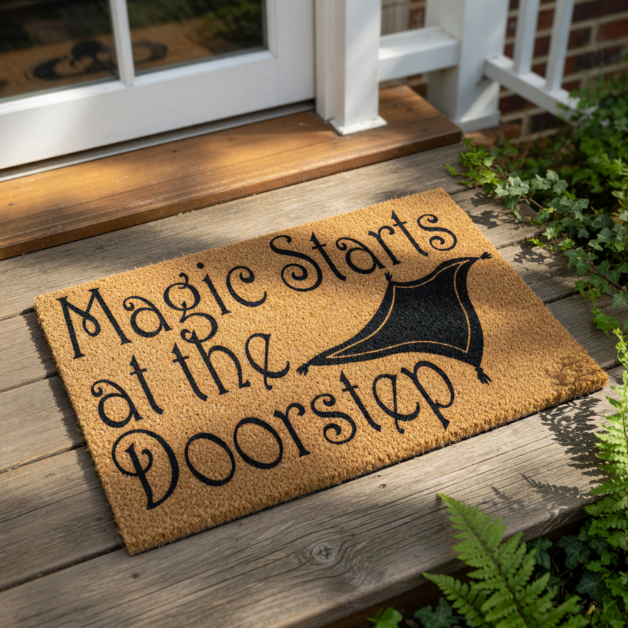 Magic Starts at the Doorstep coir doormat with a flying carpet illustration, this natural fiber welcome mat features whimsical black text and a rug graphic for a fun entryway decor piece that greets guests at your front door.