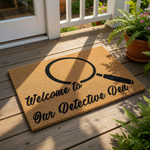 Detective Den welcome doormat featuring a magnifying glass graphic and text on a natural coir fiber mat, perfect for a mystery lover home entrance, front porch decor, or a fun housewarming gift for a private investigator or crime