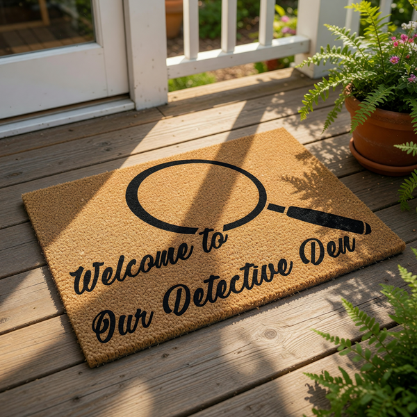 Detective Den welcome doormat featuring a magnifying glass graphic and text on a natural coir fiber mat, perfect for a mystery lover home entrance, front porch decor, or a fun housewarming gift for a private investigator or crime