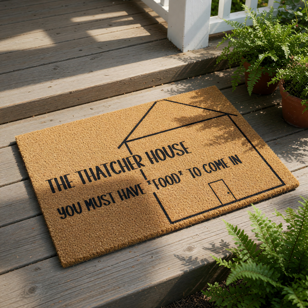 Personalized family name coir doormat featuring a house outline and funny text about bringing food, this durable natural fiber welcome mat is a stylish front porch decor piece for housewarming or a humorous home entrance