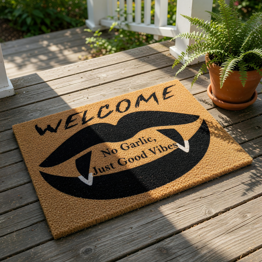 Vampire lips welcome doormat featuring a funny No Garlic Just Good Vibes quote on natural coir fiber.