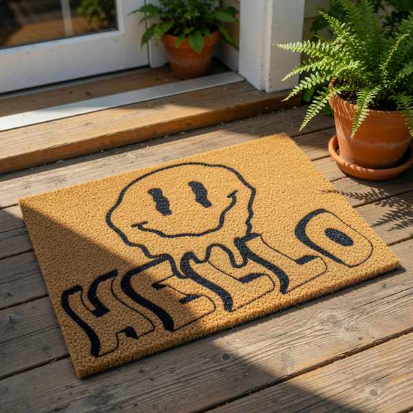 Hello smiley face doormat featuring a trendy melting face graphic and bold black text on a natural coir fiber welcome mat, perfect for a stylish front porch entry or housewarming decor for a modern home entrance and door rug.