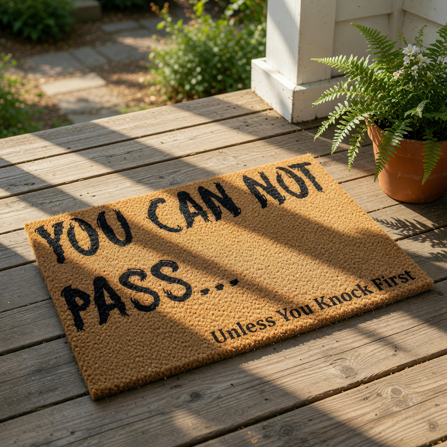 Funny doormat with the text You Can Not Pass Unless You Knock First, featuring a natural coir fiber texture for a rustic front porch welcome mat that serves as a humorous entryway rug for fantasy fans and home decor enthusiasts.