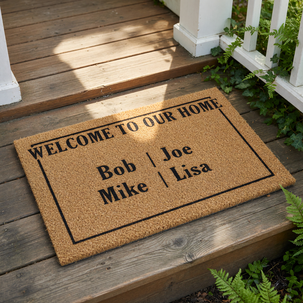Personalized family name welcome doormat featuring a natural coir fiber texture with black text that reads Welcome to Our Home, making this custom front door mat a functional housewarming decor piece for any entryway or porch.