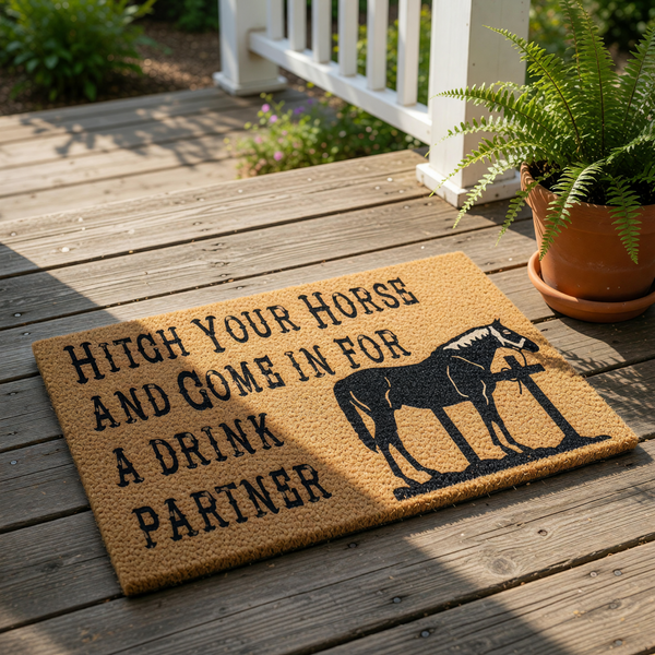 Western horse doormat with a rustic coir texture featuring a black silhouette of a horse tied to a post and the text Hitch Your Horse And Come In For A Drink Partner, perfect for a farmhouse porch or country home entryway decor.