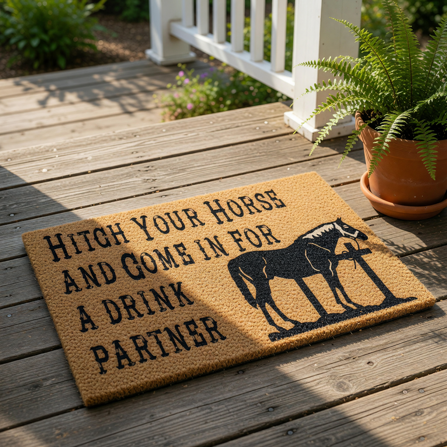 Western horse doormat with a rustic coir texture featuring a black silhouette of a horse tied to a post and the text Hitch Your Horse And Come In For A Drink Partner, perfect for a farmhouse porch or country home entryway decor.