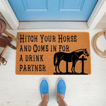 Western horse doormat with Hitch Your Horse and Come In For A Drink Partner text, featuring a black horse silhouette on natural coir fiber.