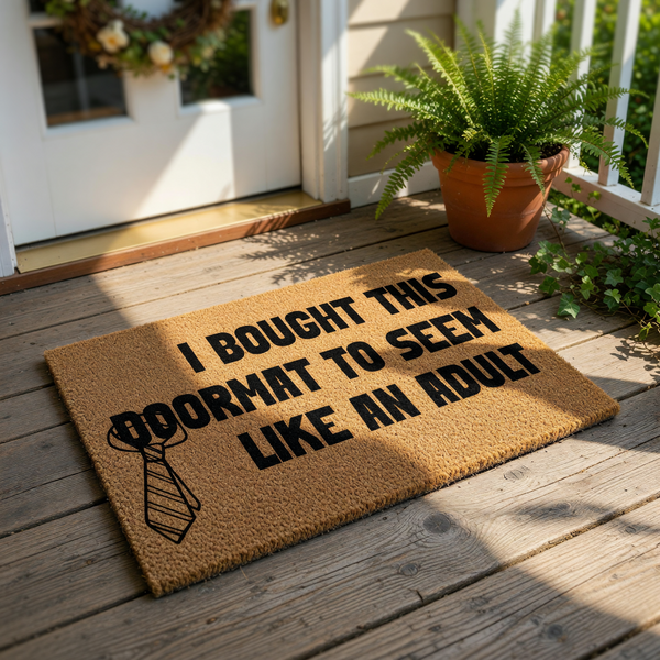 Funny doormat with text I BOUGHT THIS DOORMAT TO SEEM LIKE AN ADULT and a necktie graphic, this natural coir fiber welcome mat is a humorous housewarming decor piece for your front porch, entryway, or apartment door entrance.