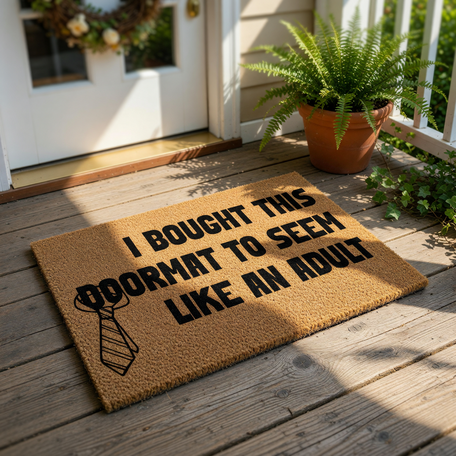 Funny doormat with text I BOUGHT THIS DOORMAT TO SEEM LIKE AN ADULT and a necktie graphic, this natural coir fiber welcome mat is a humorous housewarming decor piece for your front porch, entryway, or apartment door entrance.