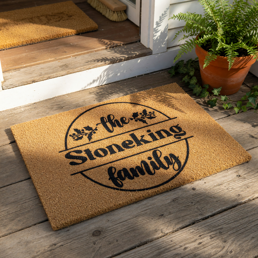 Personalized family name doormat featuring a circular design with holly leaves and berries, this custom coir welcome mat is a durable outdoor floor rug for your front porch entry, perfect for housewarming or holiday home decor.