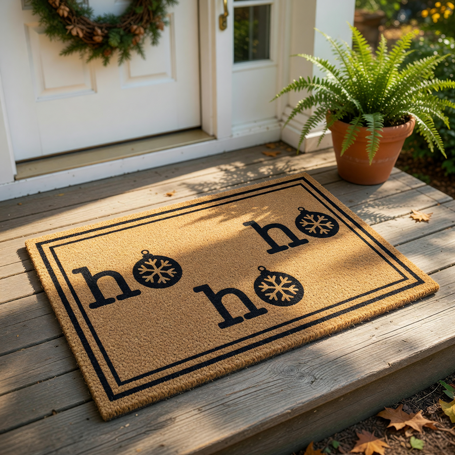 Ho Ho Ho Christmas doormat with snowflake ornament designs, this natural coir fiber welcome mat features a festive holiday message for your front porch decor, creating a stylish seasonal look for your home entrance and entryway