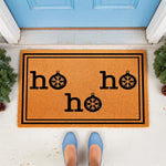 Ho Ho Ho Christmas doormat with snowflake ornament designs on a natural coir fiber welcome mat, featuring a festive holiday front porch decor style for your home entrance during the winter season and holiday celebrations.