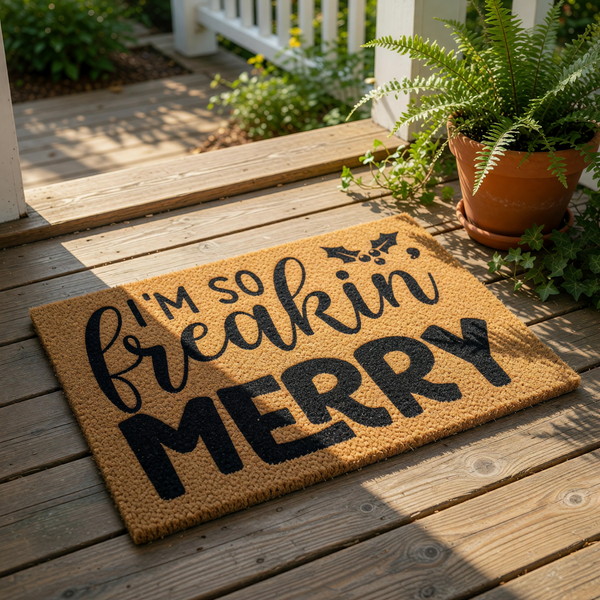 Funny Christmas doormat with I am so freakin merry text and holly leaves, this natural coir fiber welcome mat is a festive holiday front porch decor piece that adds humor to your home entrance for the winter season and holiday