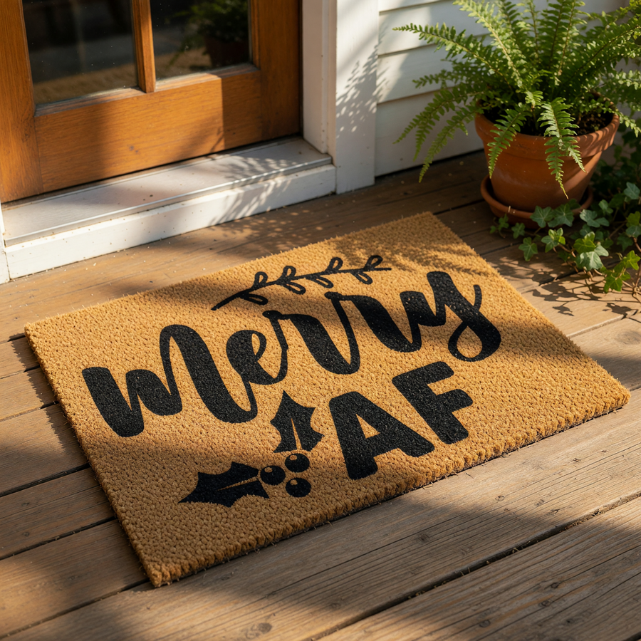 Merry AF funny Christmas doormat with bold black text and holly leaf accents on a natural coir fiber welcome mat, perfect for a humorous holiday front porch decor entrance rug that adds a festive touch to your home entryway floor.