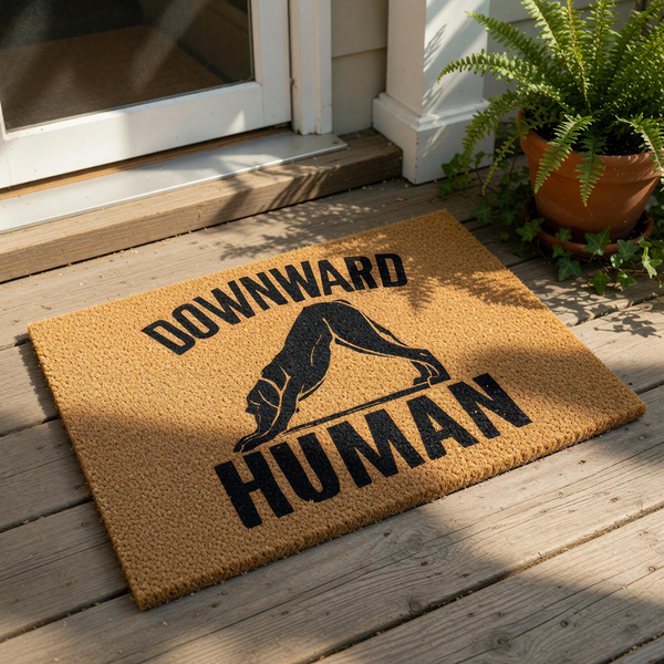 Funny yoga dog doormat featuring a black silhouette of a dog in a downward dog pose with the text Downward Human, this natural coir fiber welcome mat is a humorous home decor piece for yoga lovers and pet owners alike.