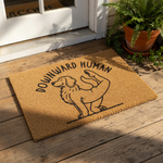 Downward Human yoga dog doormat featuring a cute Golden Retriever illustration in a stretching pose on a natural coir welcome mat, perfect for pet lovers and yoga enthusiasts looking for a funny outdoor entrance rug for their