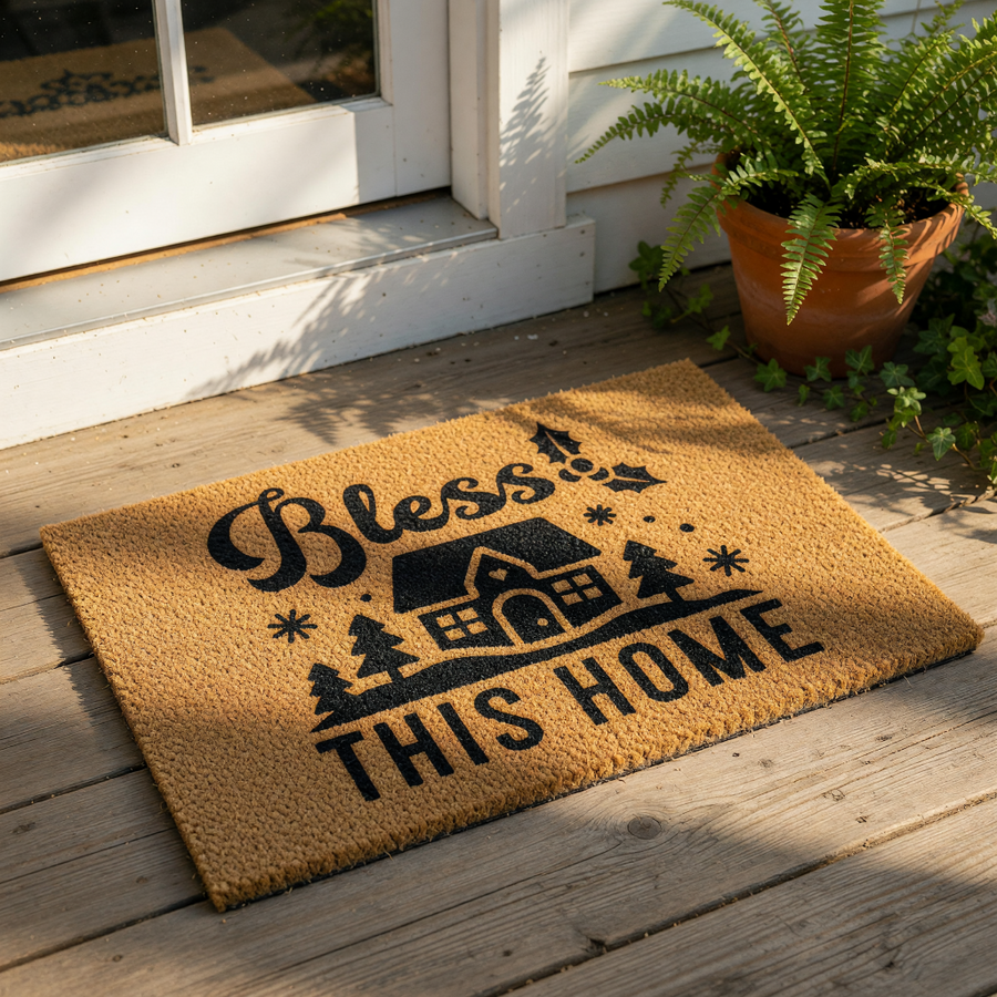 Bless This Home coir doormat featuring a festive winter house and pine tree design, this natural fiber welcome mat is a durable outdoor floor rug for your front porch entry decor during the holiday season and winter months.