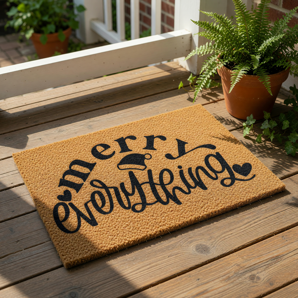 Merry Everything coir doormat with a festive holiday design, featuring a Santa hat icon and black script text on a natural brown fiber welcome mat for your front porch decor during the winter season and Christmas holidays.