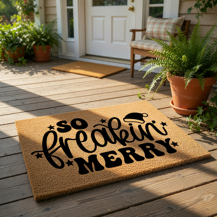 Funny Christmas doormat featuring the text So Freakin Merry with a Santa hat icon, this natural coir fiber welcome mat is a festive holiday front porch decor piece that adds a humorous touch to your home entrance for the winter