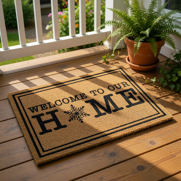Winter snowflake welcome doormat featuring a natural coir fiber texture with black text that reads Welcome To Our Home, making this seasonal front porch rug a festive holiday decor piece for your entryway or housewarming entrance.